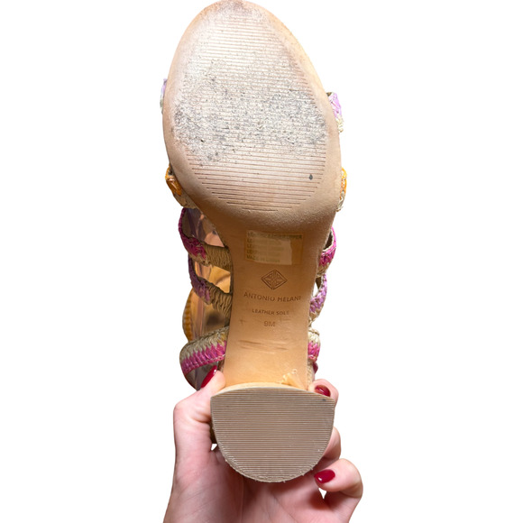 ANTONIO MELANI Gwindolin Women's 9 T-Strap Raffia Dress Sandals Pink Combo Shoes - Picture 14 of 16